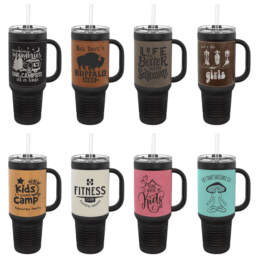 Custom Engraved 40oz Leatherette Travel Mug with Handle & Straw - Black