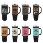 Custom Engraved 40oz Leatherette Travel Mug with Handle & Straw - Black