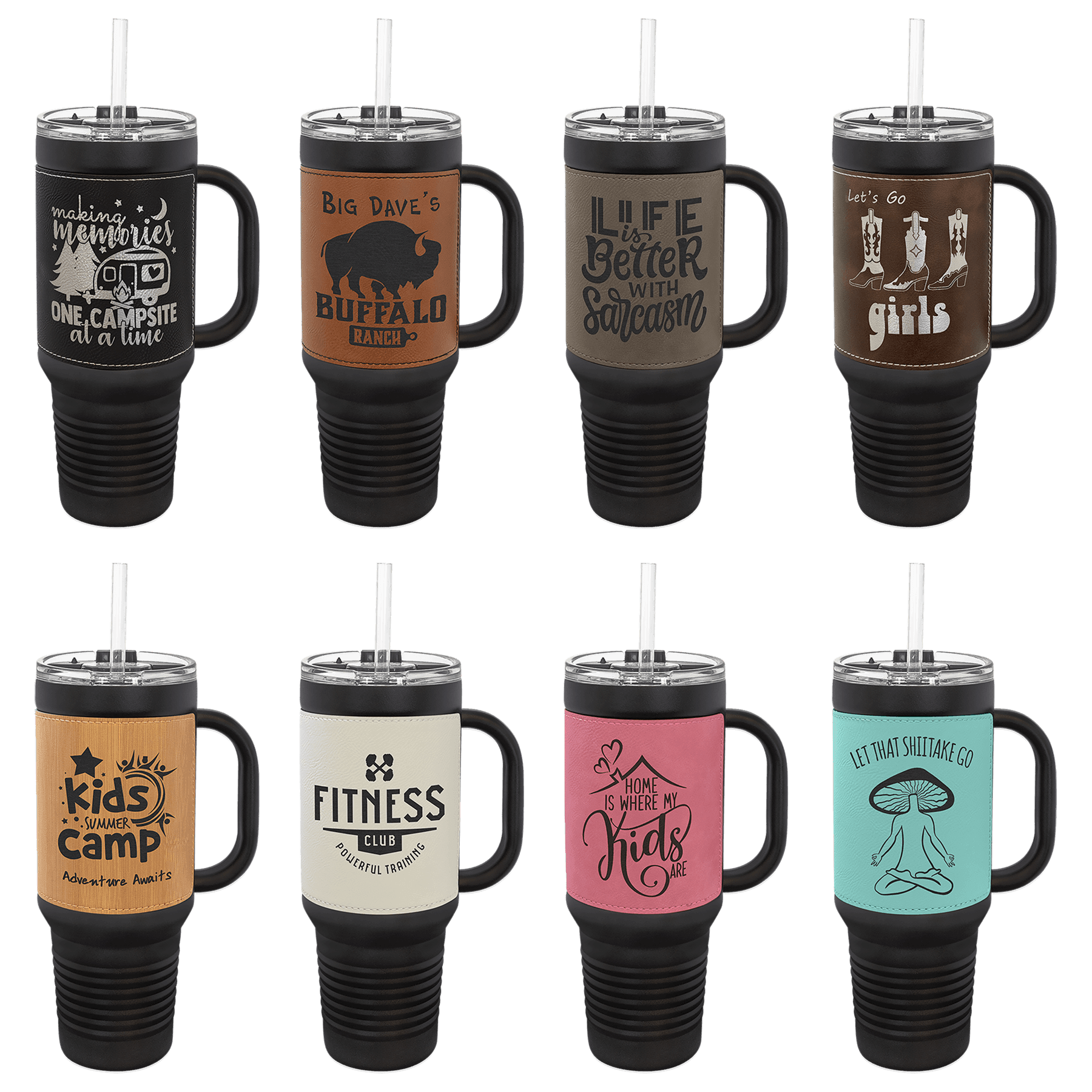 Custom Engraved 40oz Leatherette Travel Mug with Handle & Straw - Black