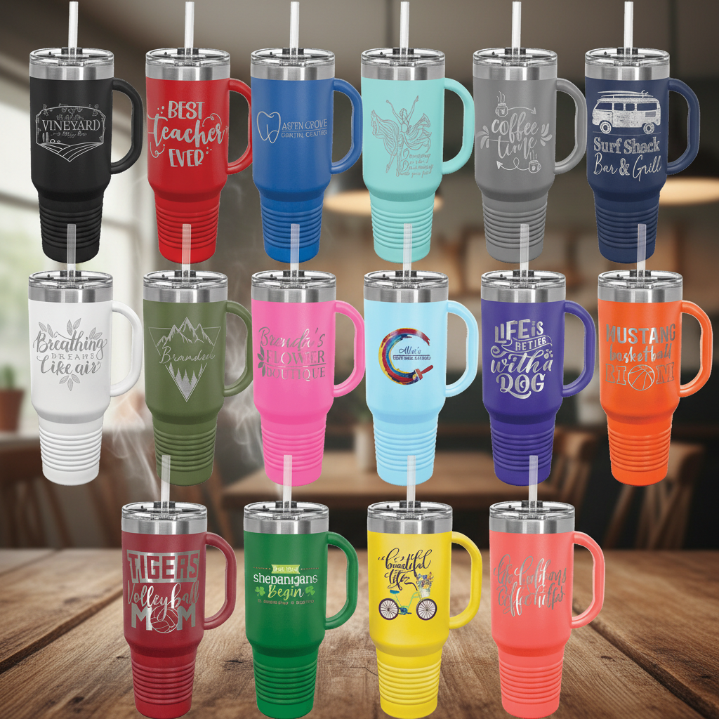 Collection of colorful tumblers with various designs and text on a transparent background