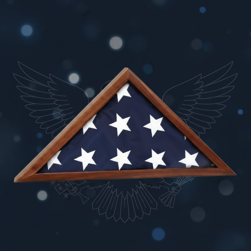 Triangular flag display case with American flag inside on a white background