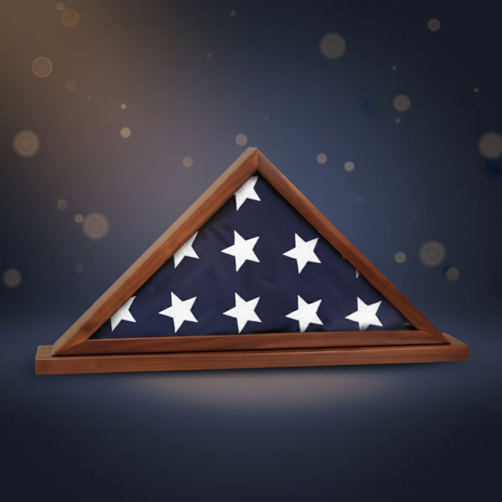 Triangular wooden flag display case with American flag inside on a white background