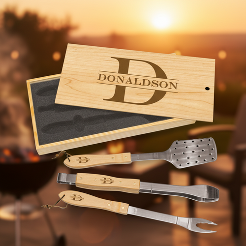 3-Piece BBQ Set in Wooden Pine Box