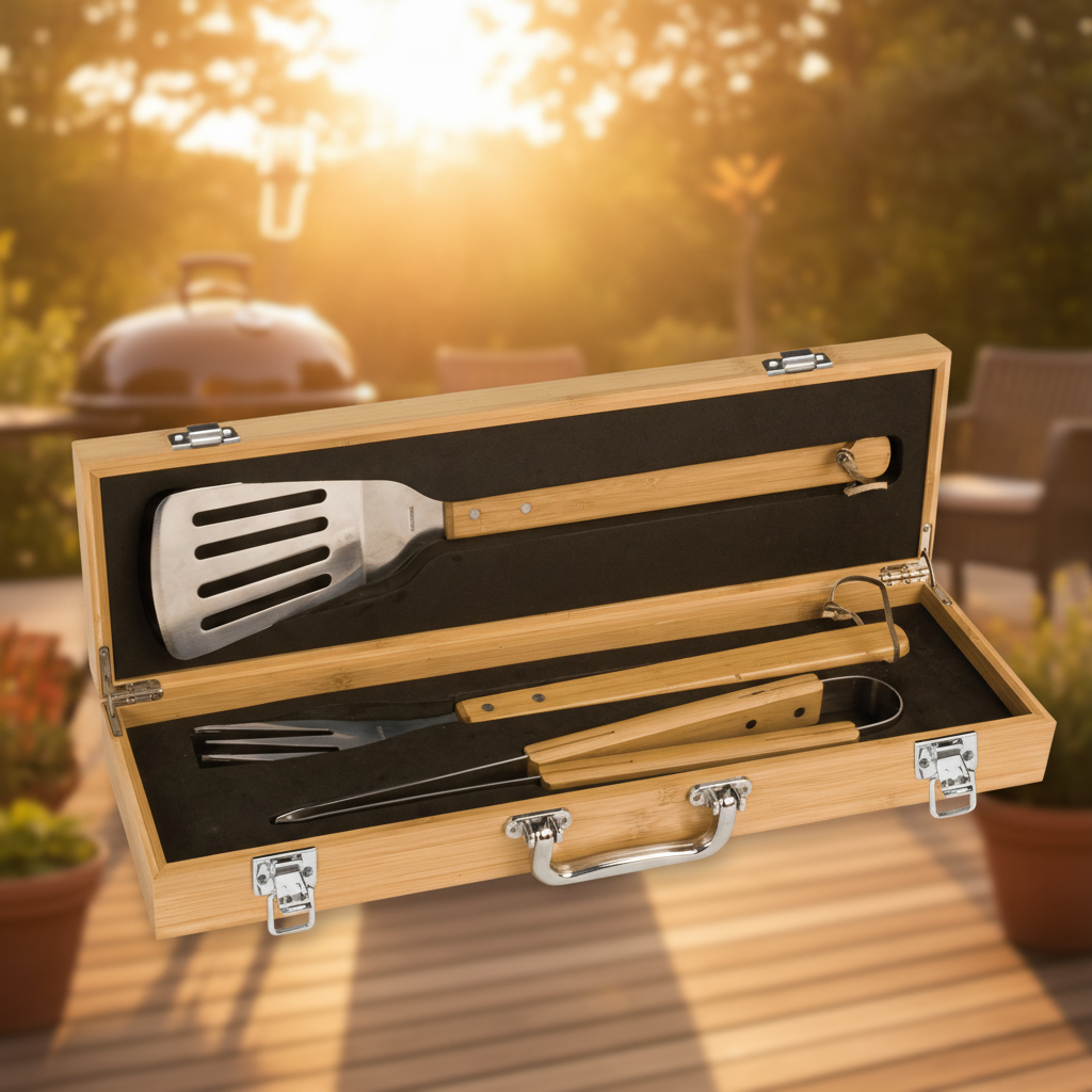 3-Piece Bamboo BBQ Set in Bamboo Case