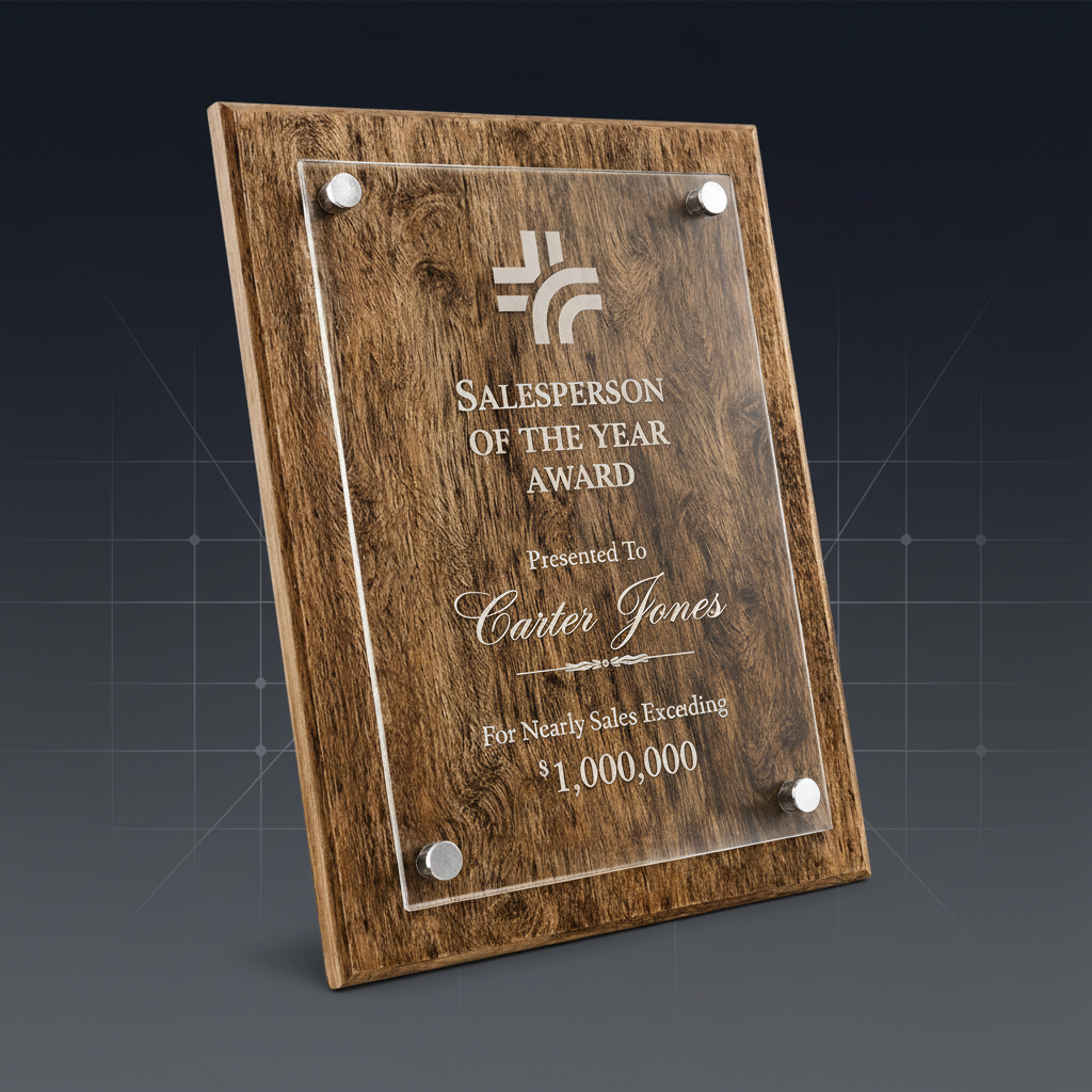 Wooden plaque with glass insert for 'Salesperson of the Year' award on a white background