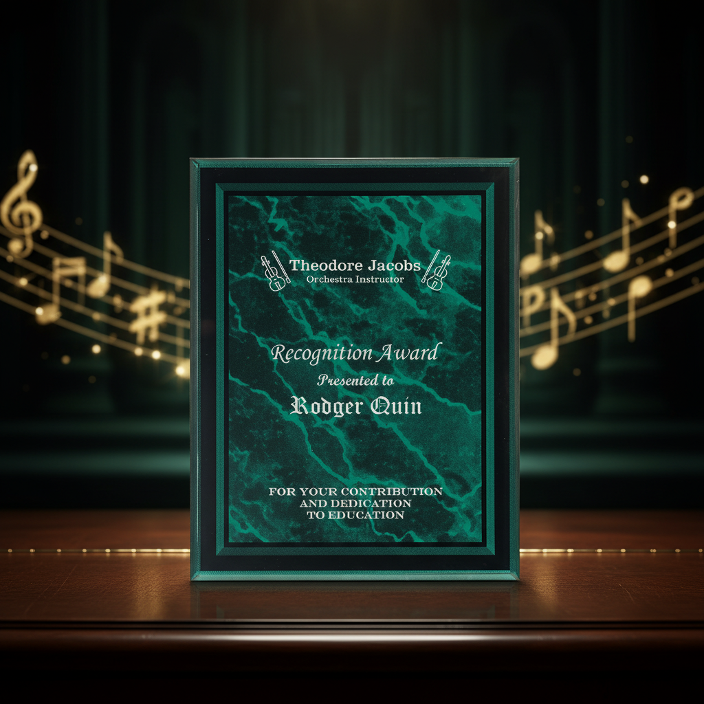 Recognition award for Theodore Jacobs, Orchestra Instructor, presented to Rodger Quin, with a green marble design.