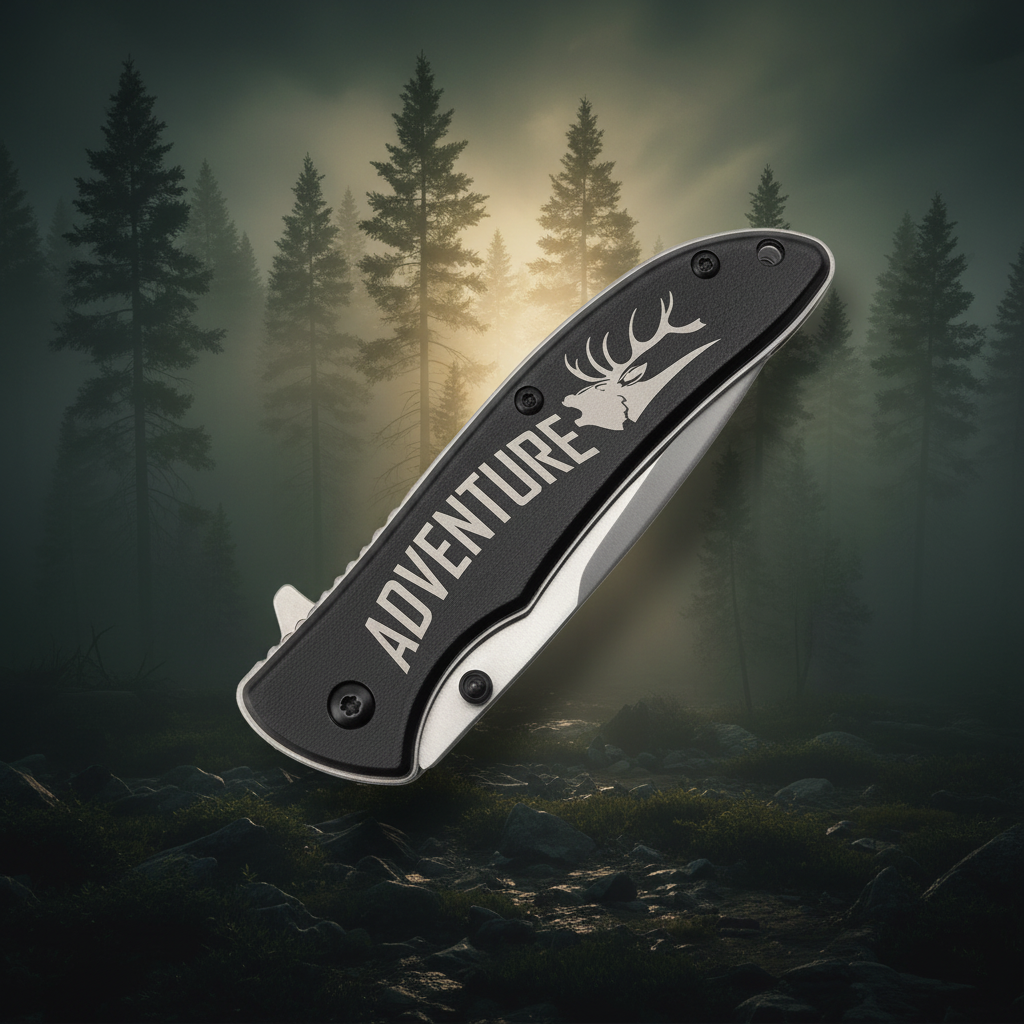 Folding knife with 'ADVENTURE' and deer design on a gray handle