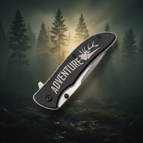 Folding knife with 'ADVENTURE' and deer design on a gray handle