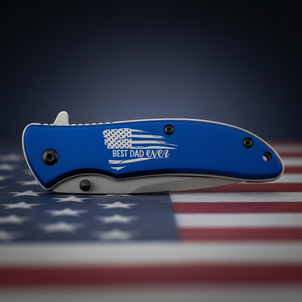 Blue folding knife with 'Best Dad Ever' text on a white background