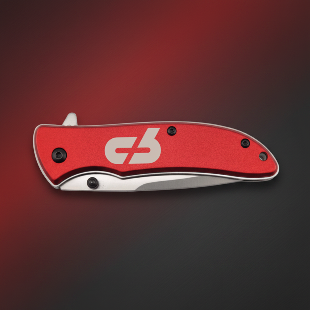 Red folding knife with a logo on a white background