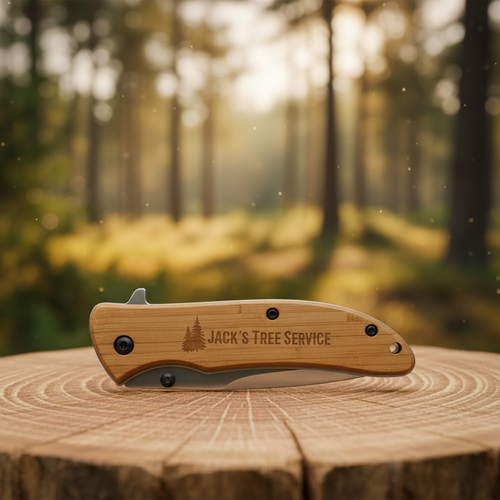 Wooden-handled knife with 'Jack's Tree Service' engraving on a green background