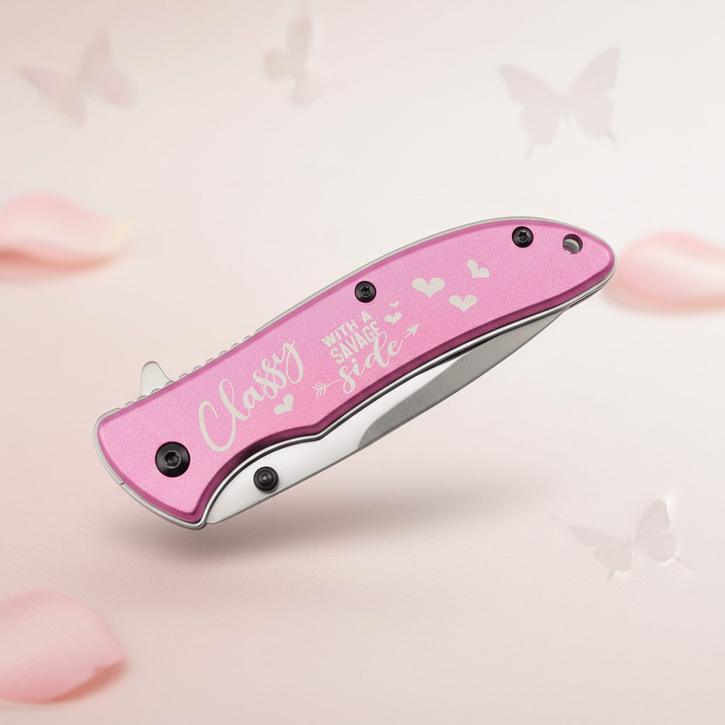 Pink folding knife with text on a white background