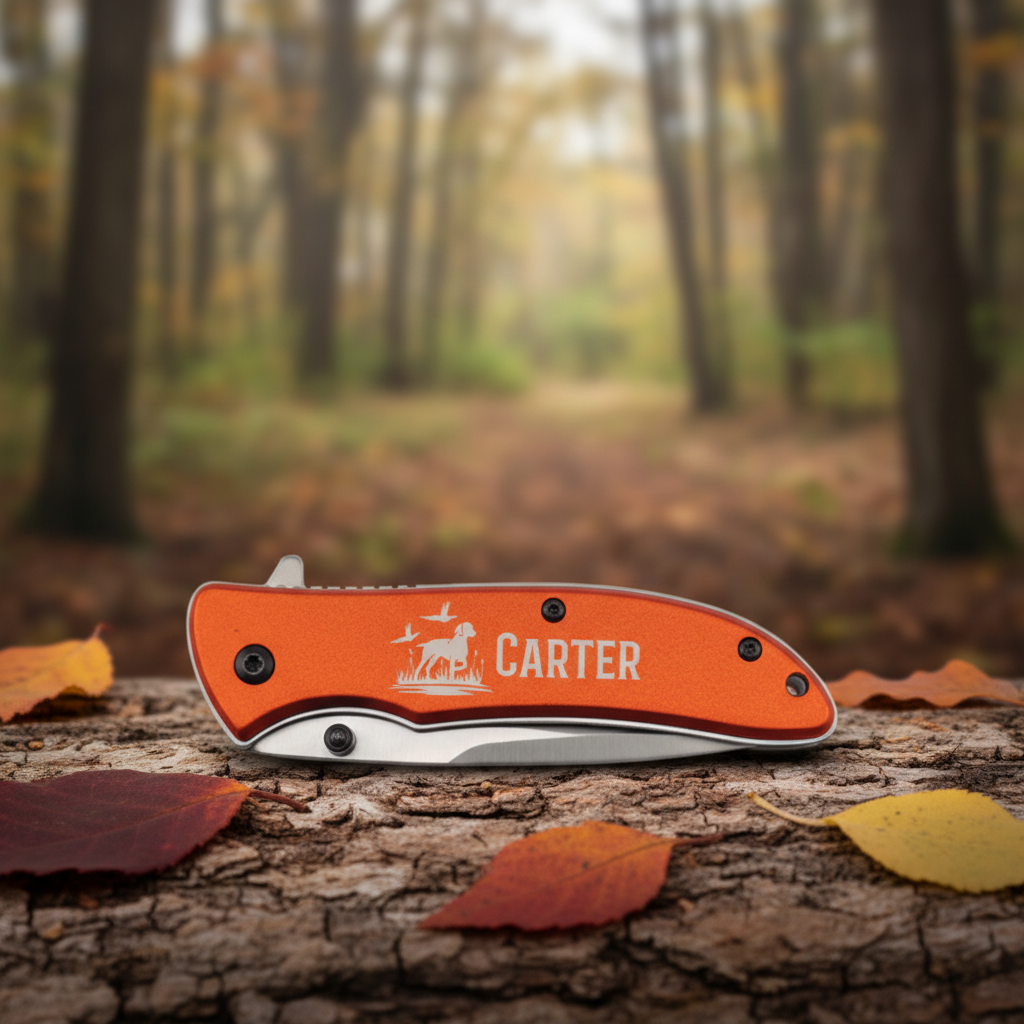 Folding knife with orange handle and 'Carter' branding on a white background