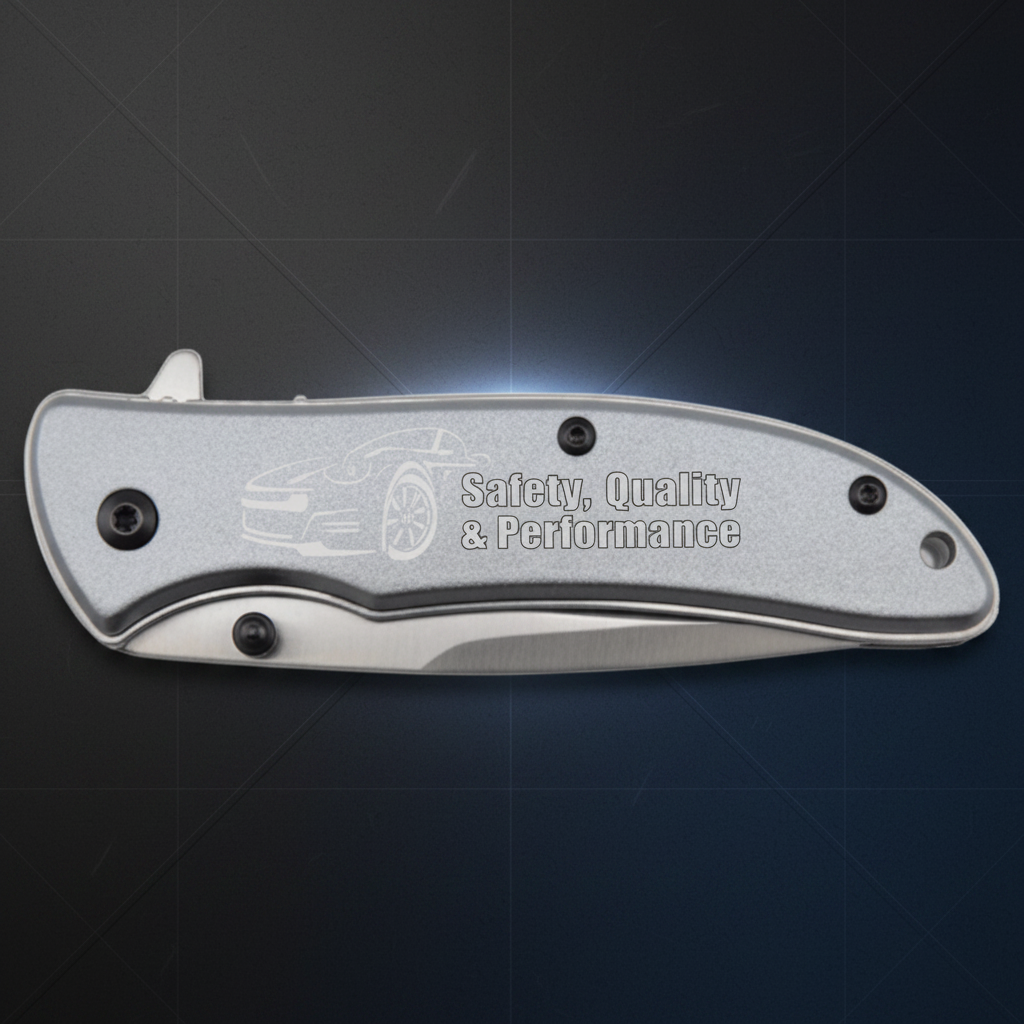 Folding knife with 'Barber Pole Tuning & Performance' branding on a white background