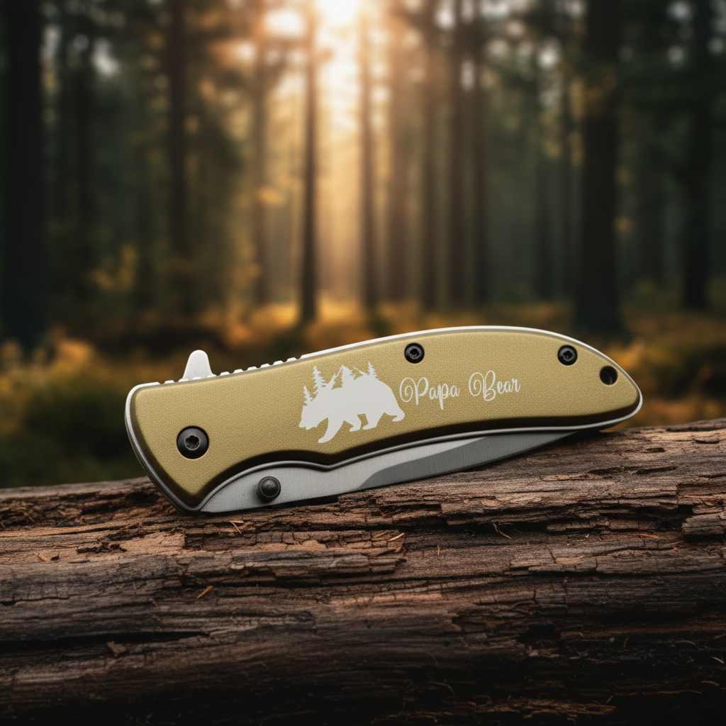 Folding knife with a brown handle and engraved logo on a white background