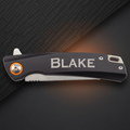 Folding knife with 'BLAKE' branding on a white background