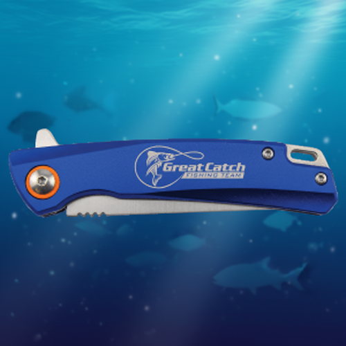 Blue folding knife with 'Great Catch' branding on a white background
