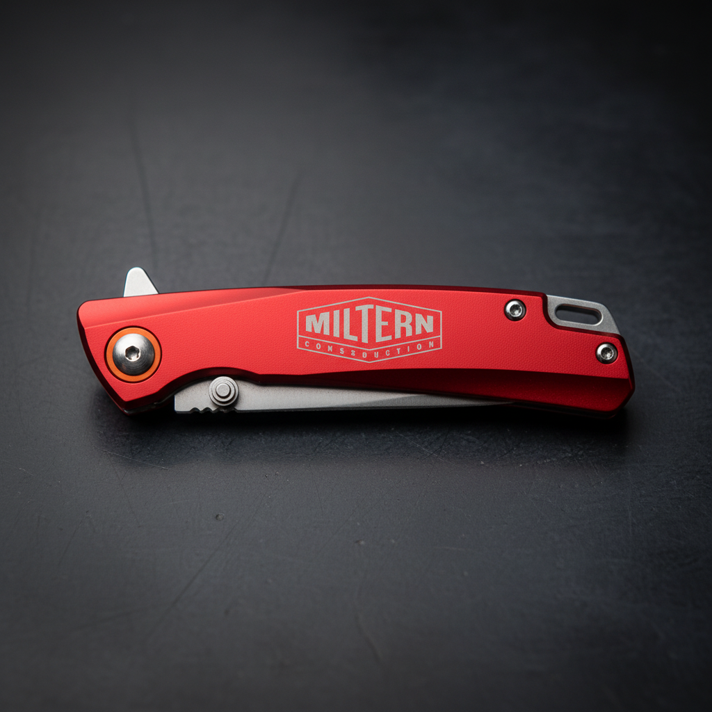 Red pocket knife with visible brand logo on a white background