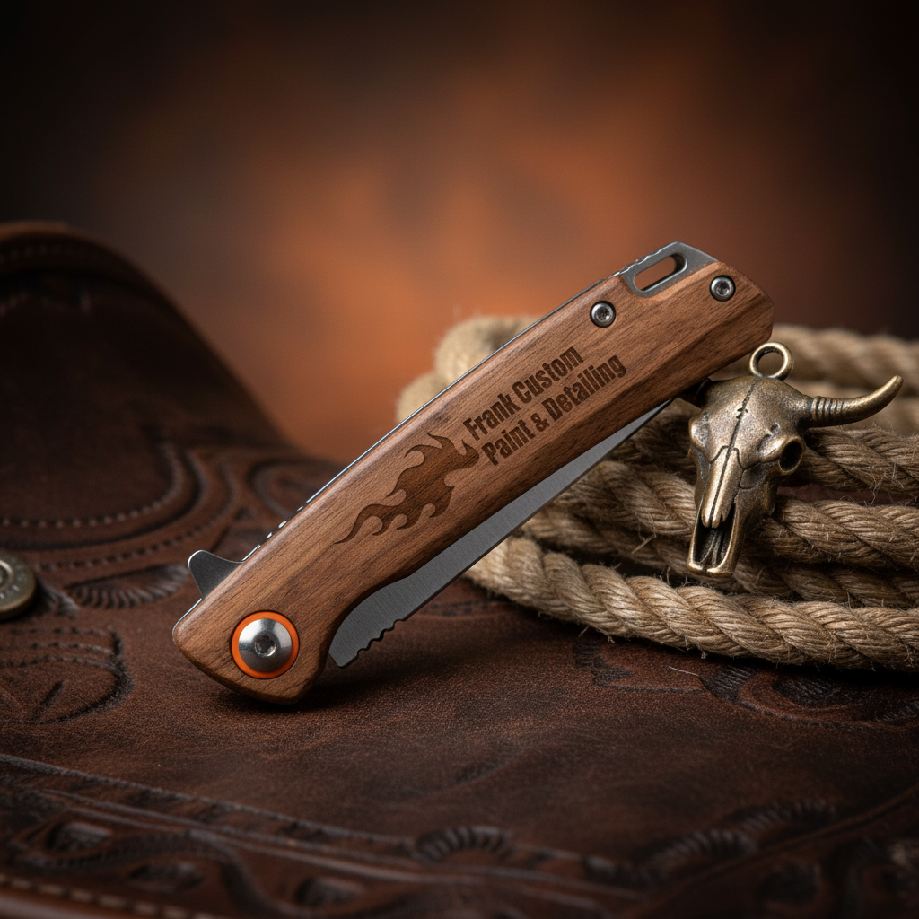 Wooden folding knife with engraved text on a white background