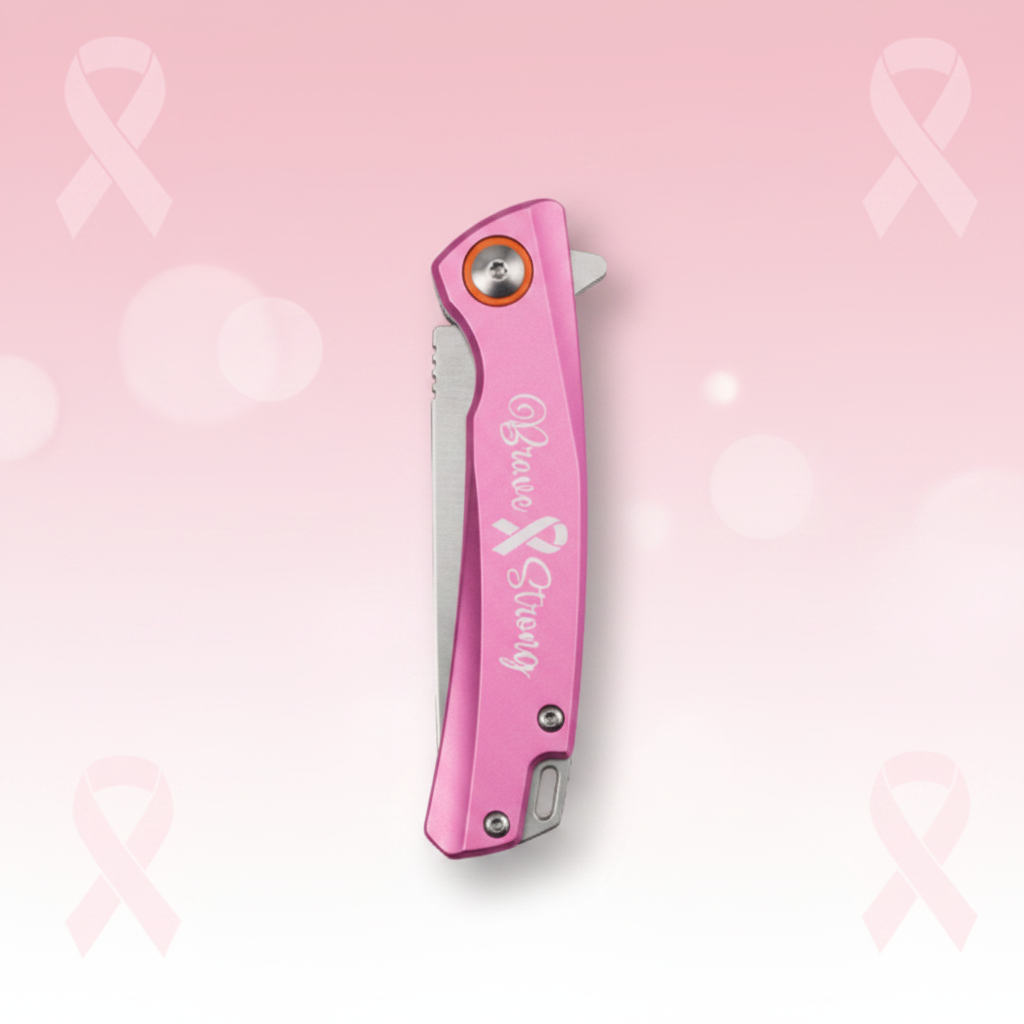 Pink folding knife with 'Brave Strong' and a pink ribbon on a white background