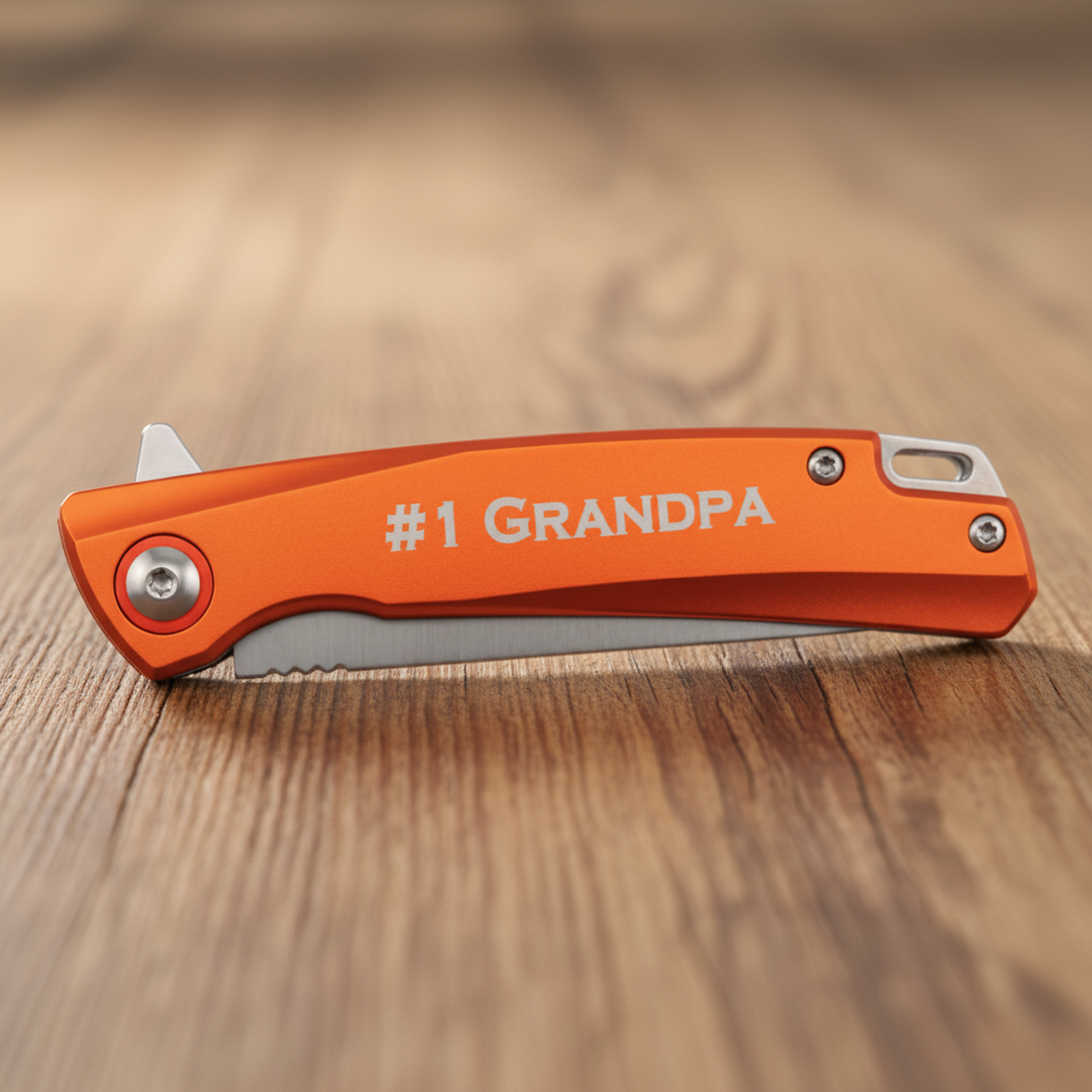 Orange folding knife with '#1 GRANDPA' text on a green background