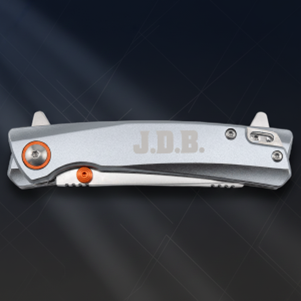 Silver pocket knife with 'J.D.B.' branding on a white background