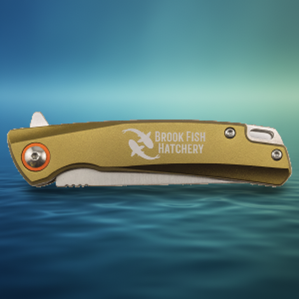Folding knife with 'Ander Fish Hatchery' branding on a green background