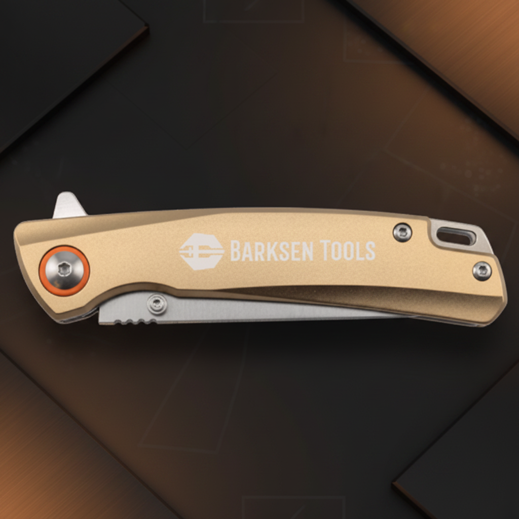 Folding knife with 'Barksen Tools' branding on a white background