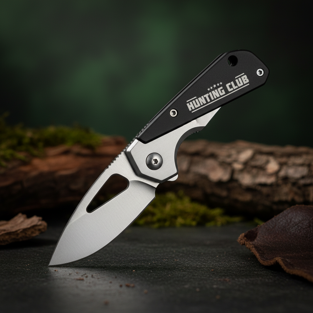 Folding knife with 'Hunting Club' branding on a white background