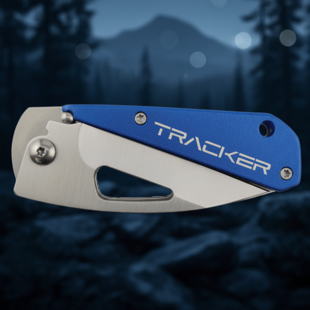 Folding knife with blue handle and 'Tracker' branding on a white background