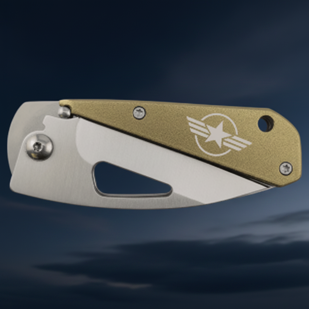 Folding knife with a gold handle and visible brand logo on a transparent background