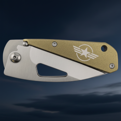Folding knife with a gold handle and visible brand logo on a transparent background