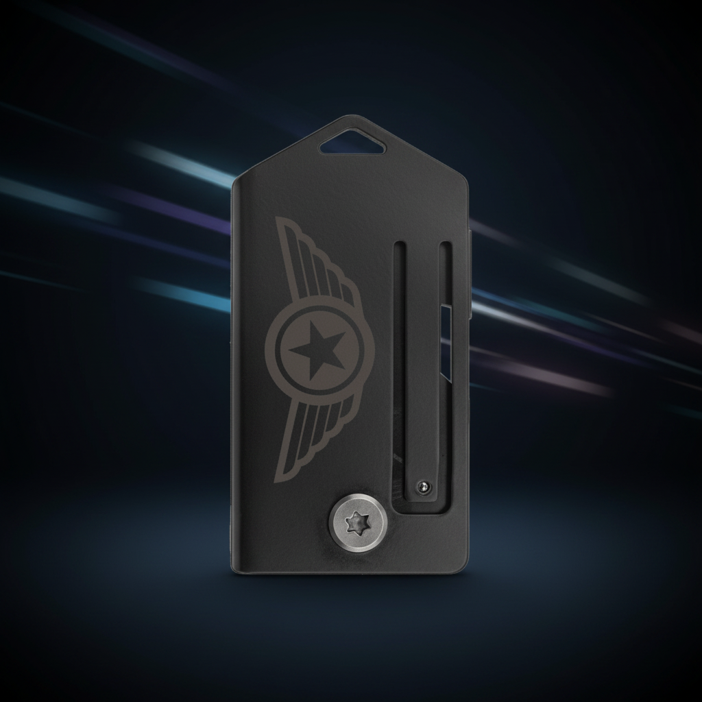 Black metal plate with a star and wing design on a transparent background