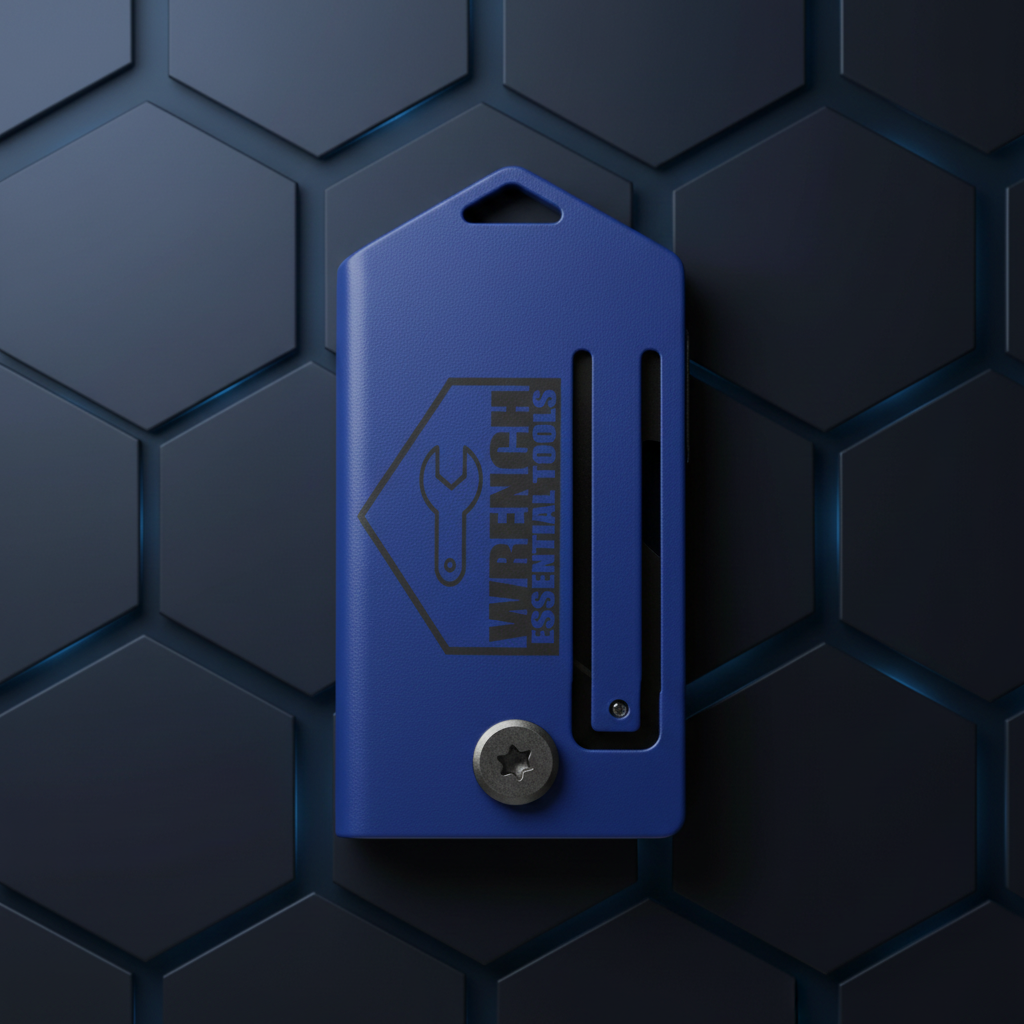 Blue tool with a logo on a transparent background