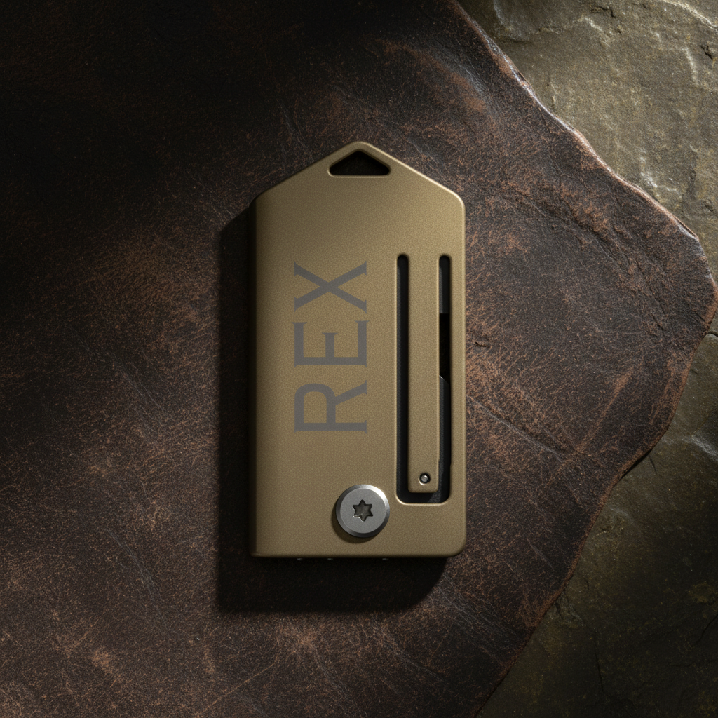 Kraft paper tag with 'REX' printed on it, featuring a screw and green label.