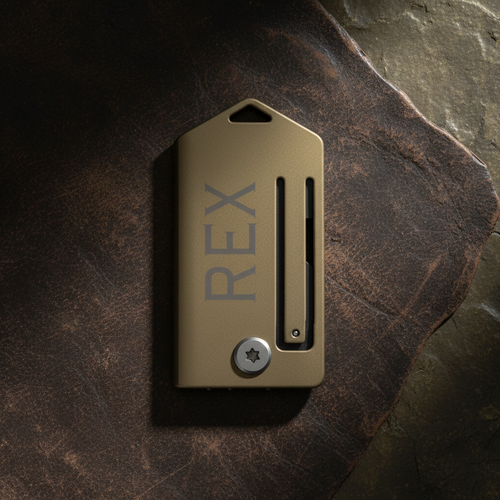 Kraft paper tag with 'REX' printed on it, featuring a screw and green label.