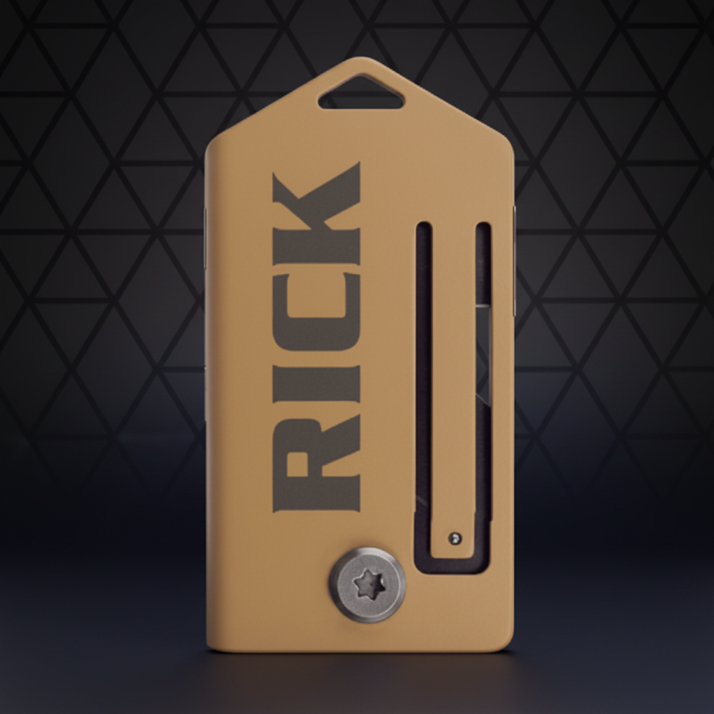 Brown leather key holder with 'RICK' engraving on a white background