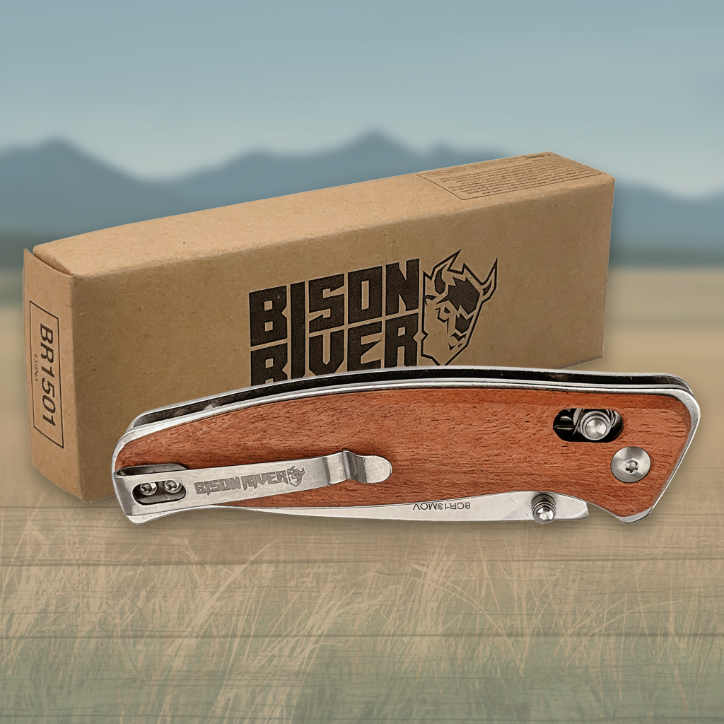Bison River 4 1/2" Wood Button Lock Folding Knife
