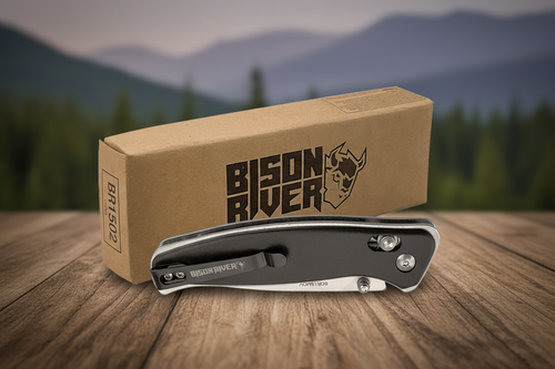 Bison River 4 1/2" Black Button Lock Folding Knife with Clip