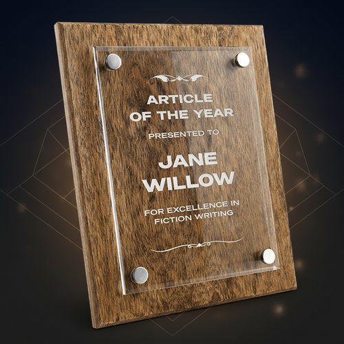 Wooden plaque with clear acrylic insert for 'Article of the Year' award