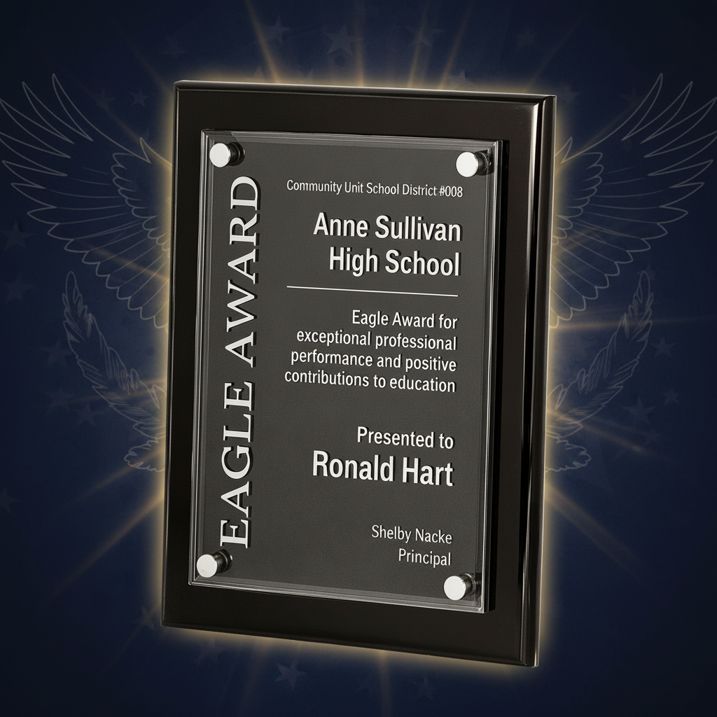 Eagle Award plaque for Anne Sullivan High School on a green background
