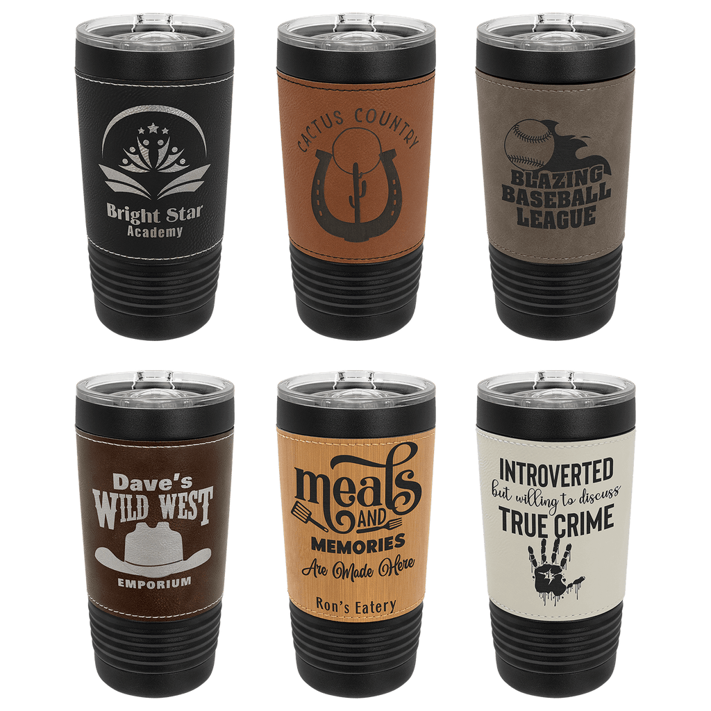 Set of six insulated tumblers with various designs and text on a clear background