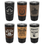 Set of six insulated tumblers with various designs and text on a clear background