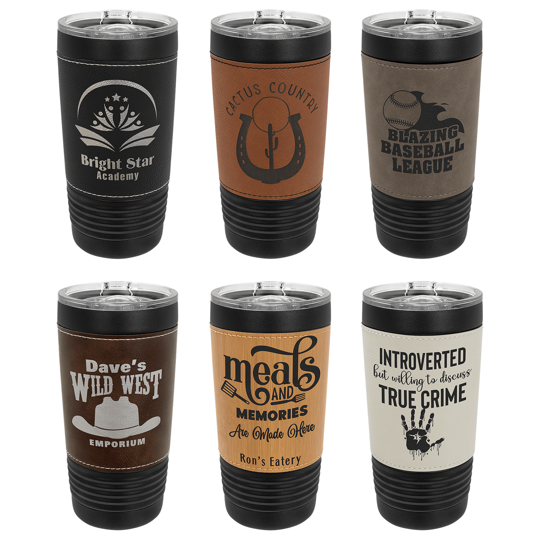 Set of six insulated tumblers with various designs and text on a clear background