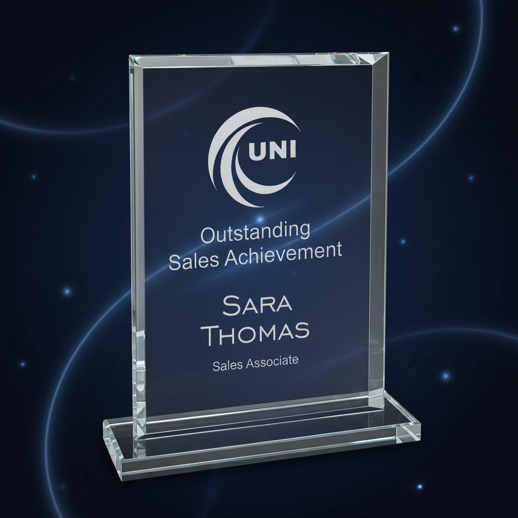 Clear glass award with engraved text and UNI logo on a white background