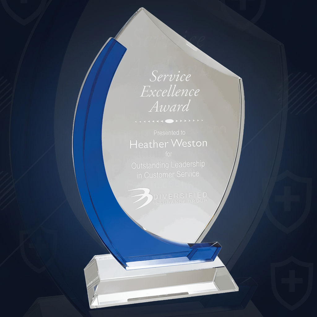 Service excellence award with blue and clear design on a green background
