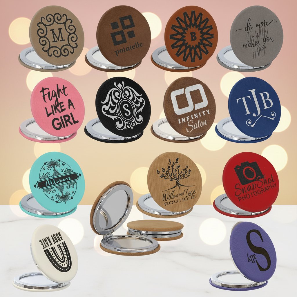 Collection of compact mirrors with various designs and text on a green background