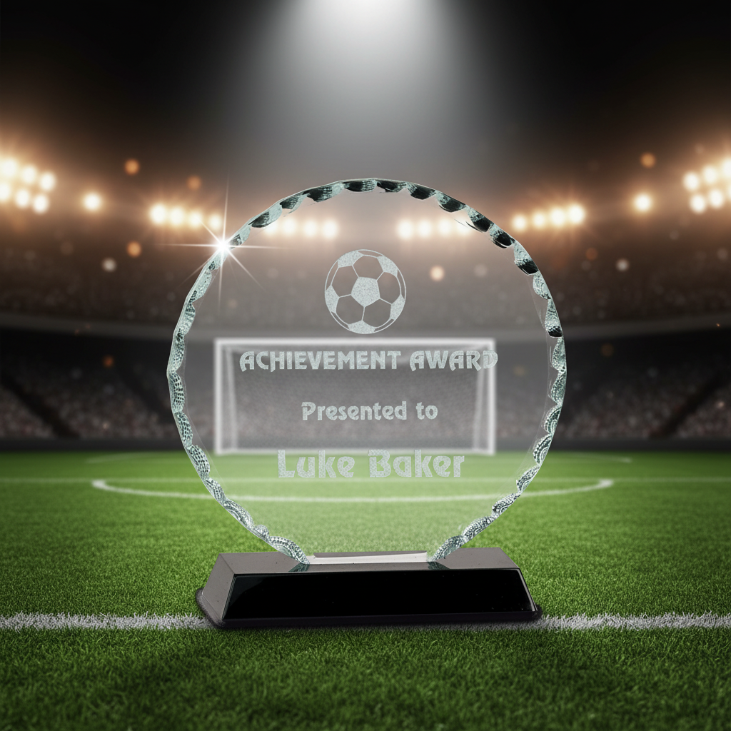 Round glass award with 'Achievement Award' text on a clear background