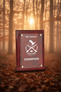 Plaque with '5th Annual Hunting Sportsman Contest Champion' text and logo on a clear background