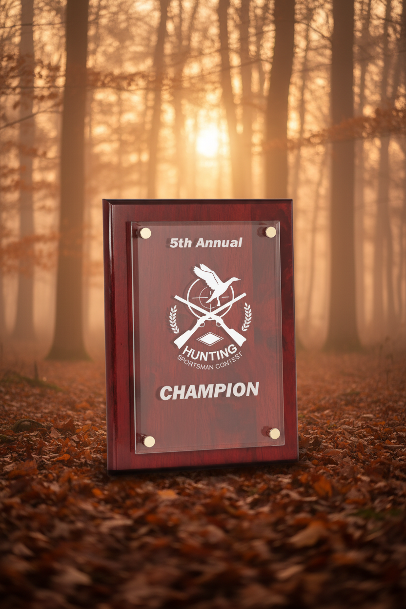 Plaque with '5th Annual Hunting Sportsman Contest Champion' text and logo on a clear background